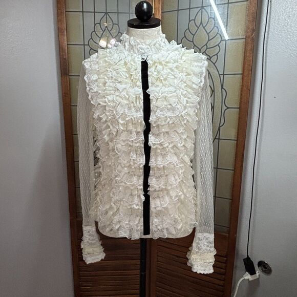 Victorian Inspired Ruffle Lace Blouse Lined Body Sheer Swiss Dot Sleeve Size 38 - Picture 1 of 15